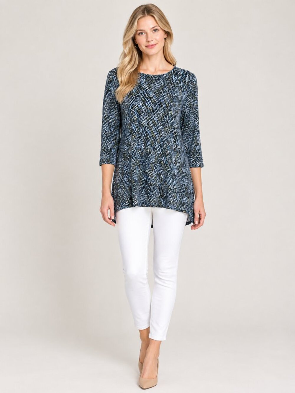J. Jill Petite Wearever Abstract Texture Knit Tunic Top Blue Green XS #A4620
